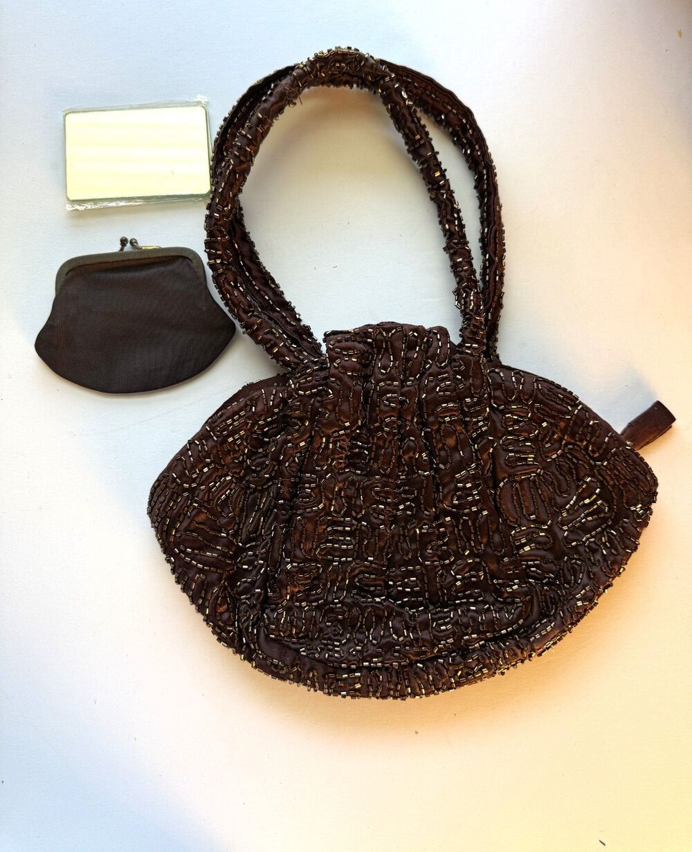 Satin Beaded Evening Purse, Mirror, Coin Purse Mid Century Warren Reed Brown